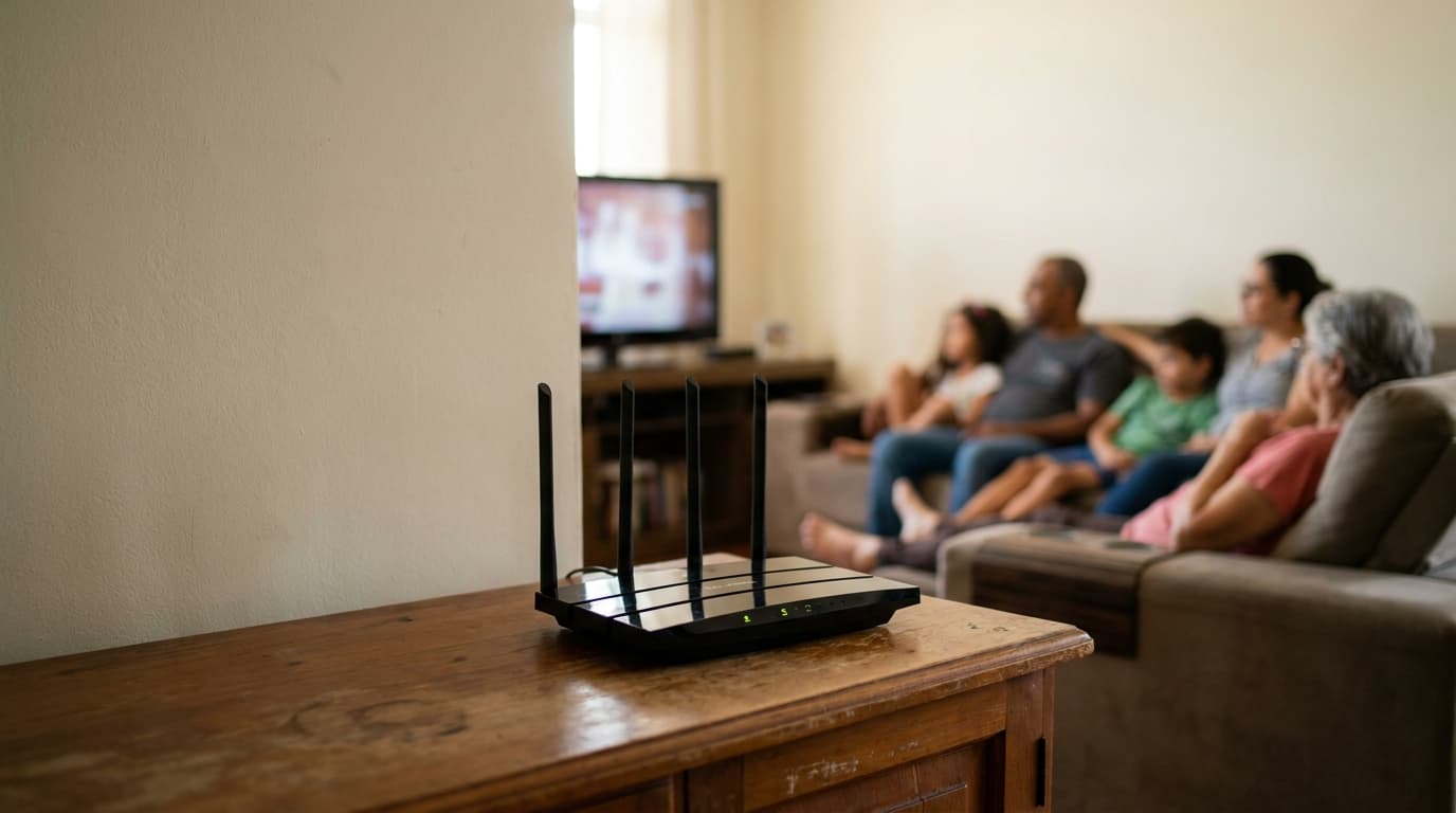 Roteador moderno sobre móvel de madeira na sala com família assistindo televisão ao fundo