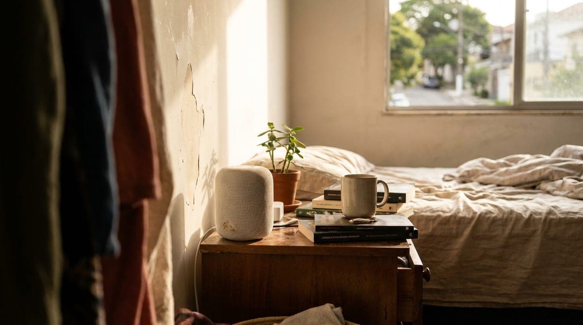 Roteador mesh branco posicionado sobre uma mesa de cabeceira em quarto iluminado